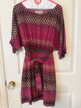 Presley Skye Fuchsia and Brown Geometric Belted Mini Dress